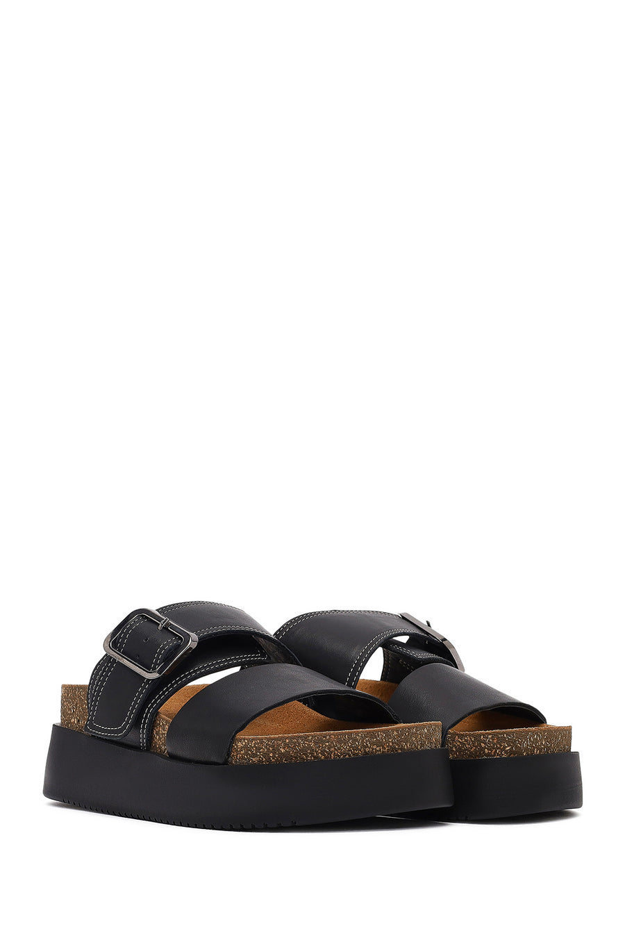 Women's Black Buckled Thick-Soled Leather Slippers