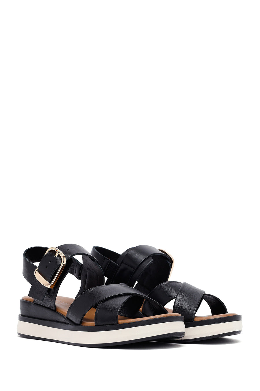 Women's Black Ankle Buckle Thick Soled Leather Sandals