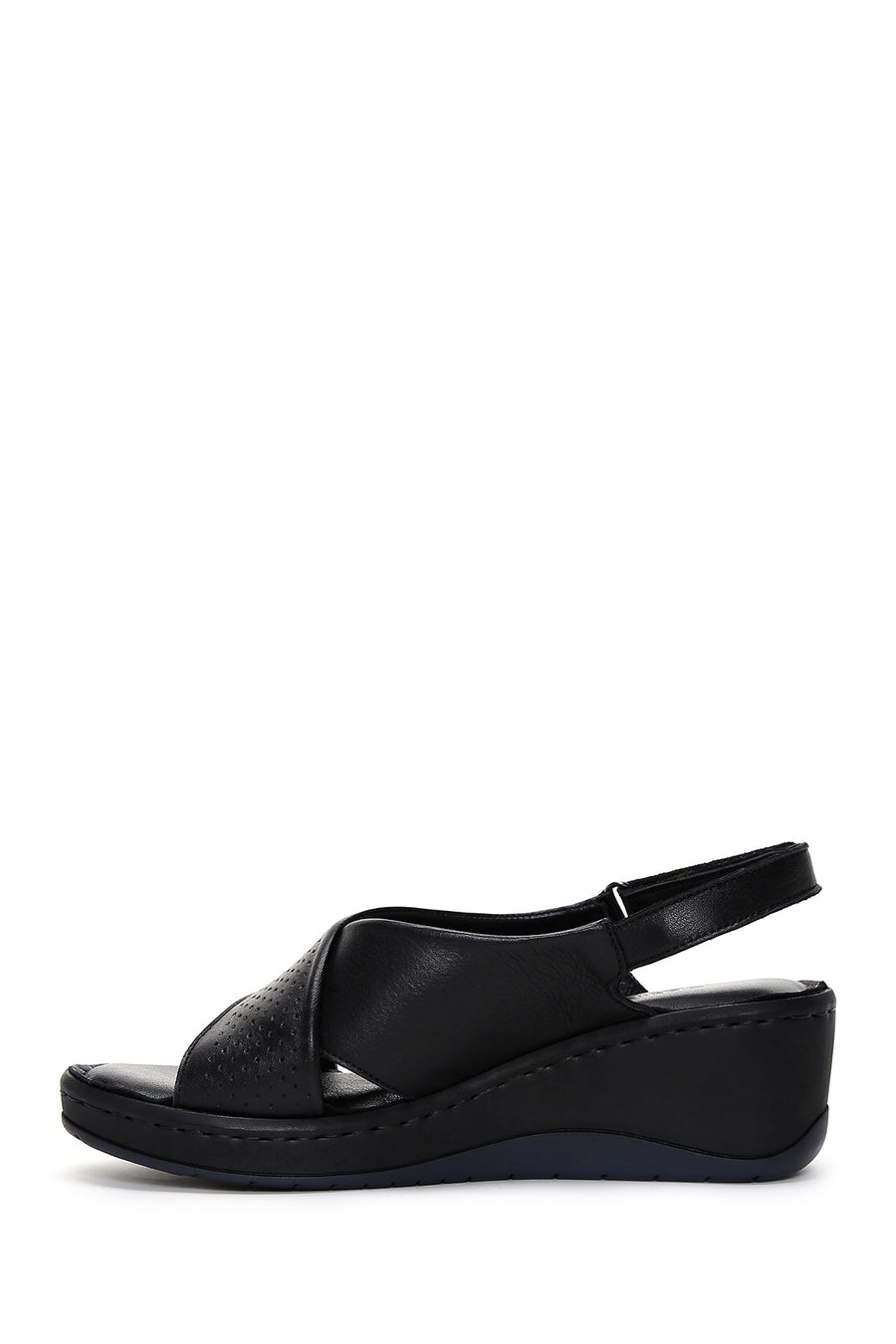 Women's Black Leather Wedge Heel Comfort Sandals