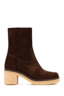 Women's Brown Zippered Thick Heeled Suede Leather Boot | Derimod