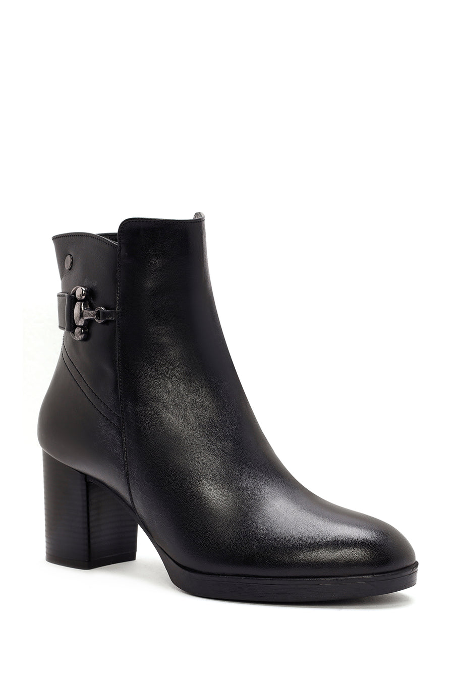 Woman Black Zippered Chunky Heels Leather Boat