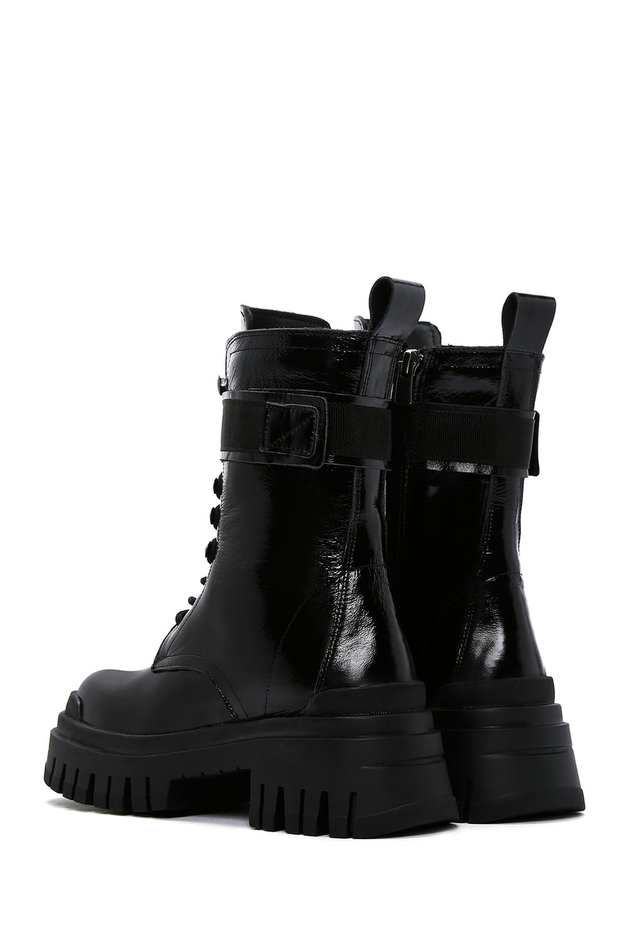 Women's Black Patent Leather Thick Soled Boots