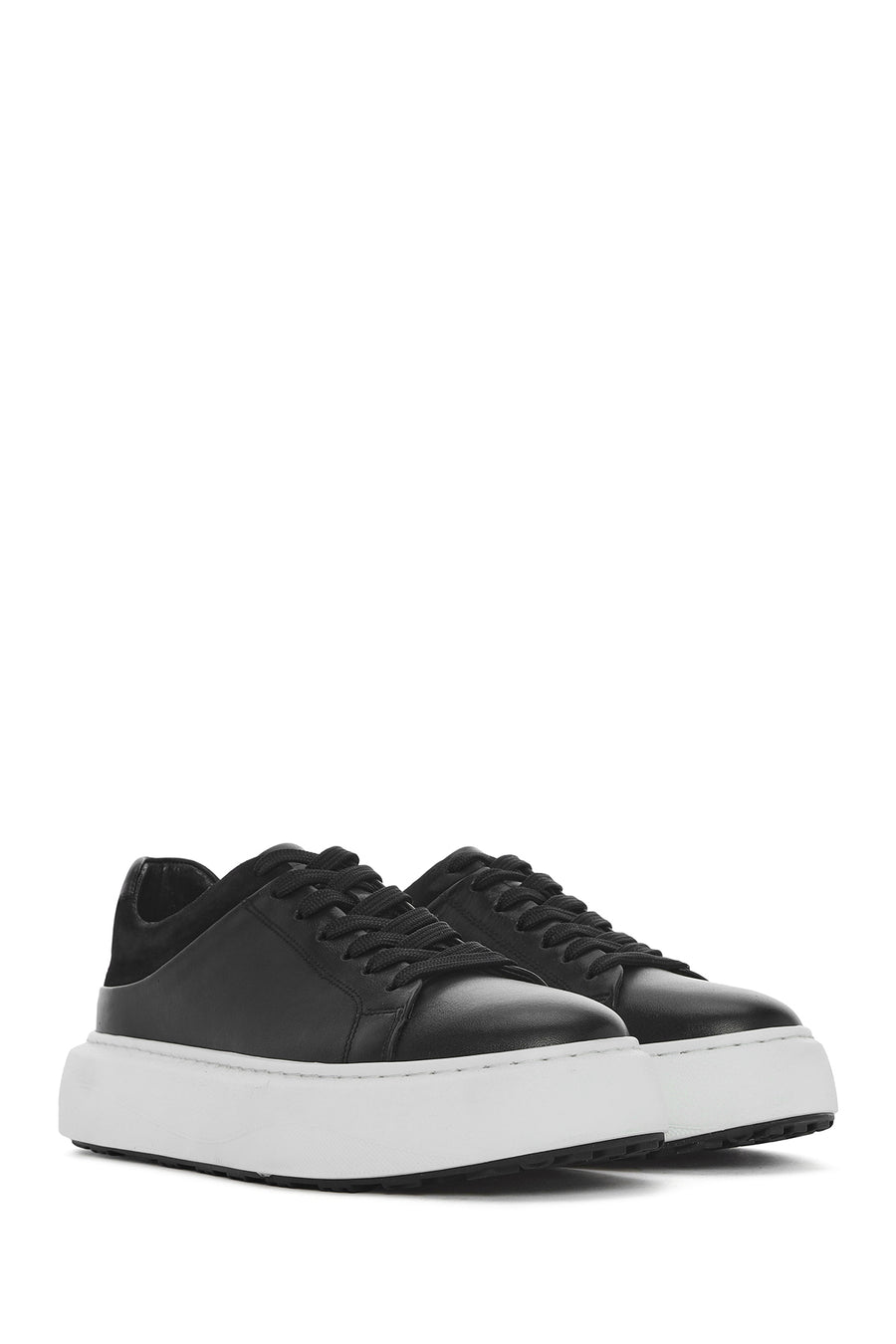 Erkek Siyah Bağcıklı Kalın Tabanlı Deri Sneaker