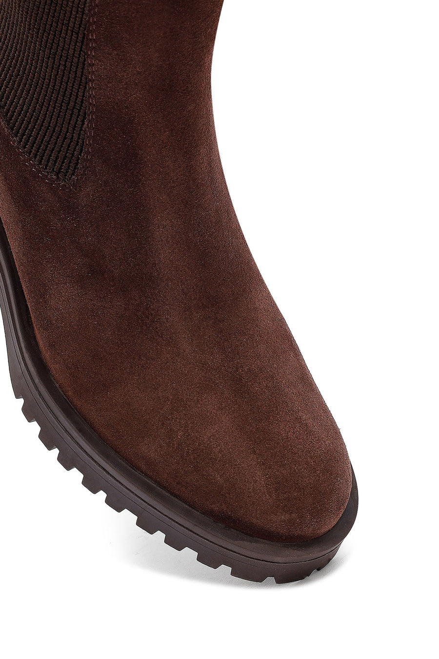 Woman Brown Chunky Heel Suede Leather Chelsea Boots