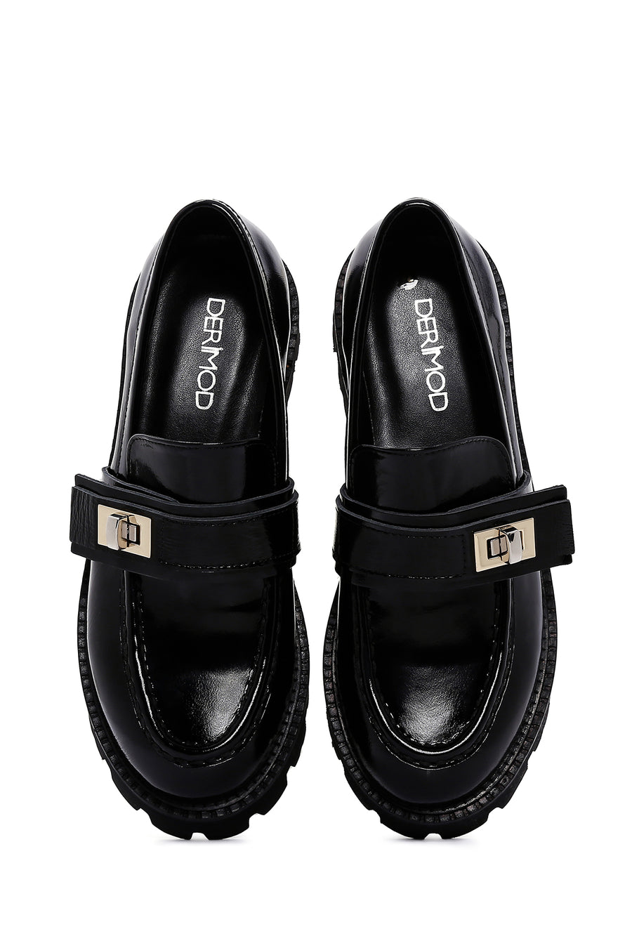 Women's Black Leather Thick Soled Patent Leather Casual Loafer