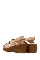 Woman Beige Wedge-Heeled Leather Comfort Sandal | Derimod