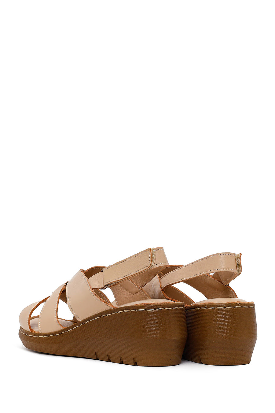 Woman Beige Wedge-Heeled Leather Comfort Sandal