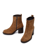 Women's Brown Zippered Thick Heel Suede Leather Boots | Derimod
