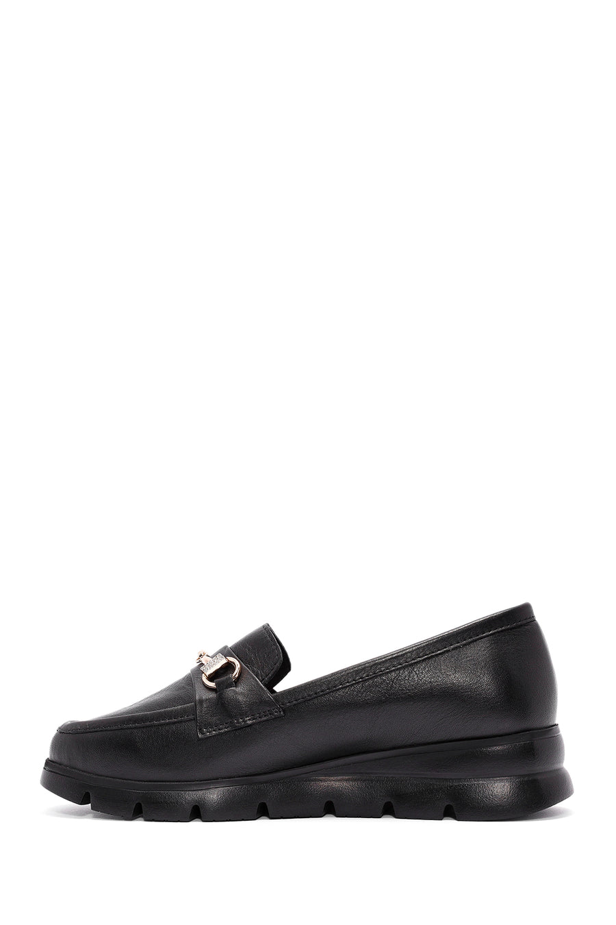 Woman Black Buckle Detail Leather Comfort Loafer