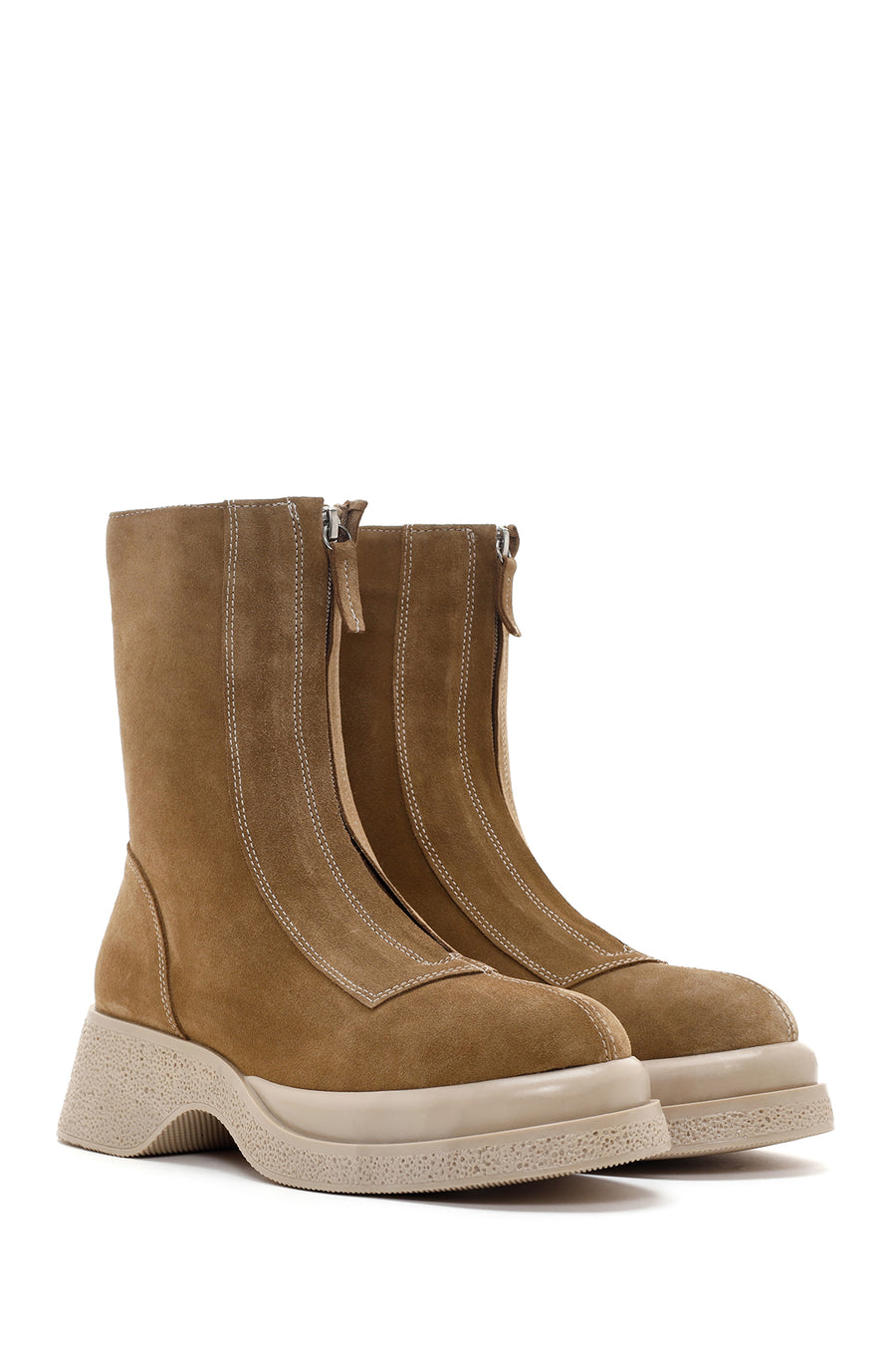Women's Tan Suede Leather Zippered Thick Soled Casual Boots