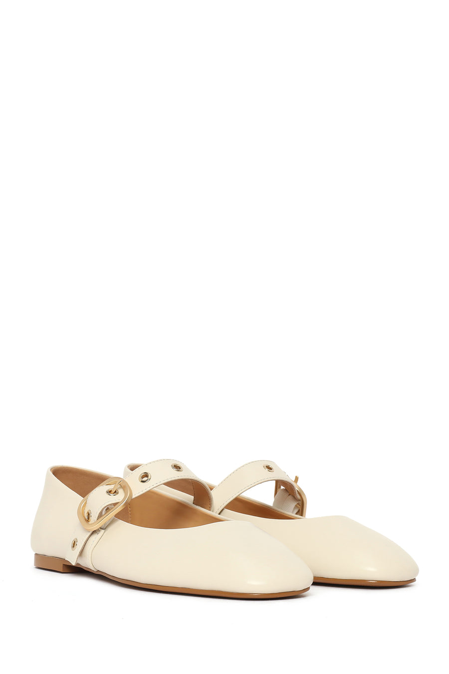 Woman Cream Buckled Leather Ballerine Shoes