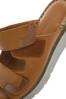 Women's Tan Double-Strap Leather Comfort Slippers | Derimod
