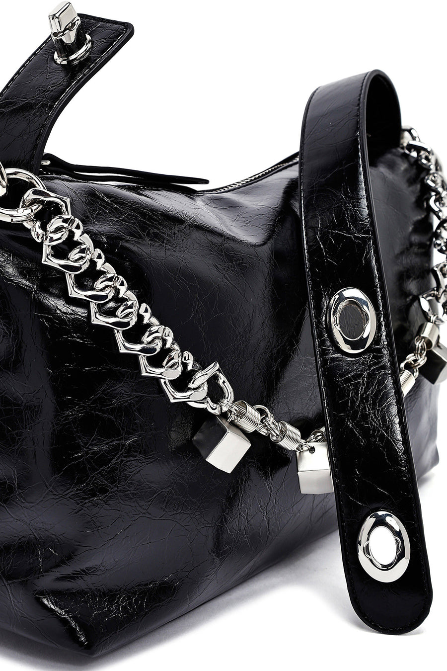 Women's Black Long Strap Chain Detailed Shoulder Bag