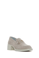 Women's Beige Buckled Thick Heel Suede Leather Masculine Loafer | Derimod