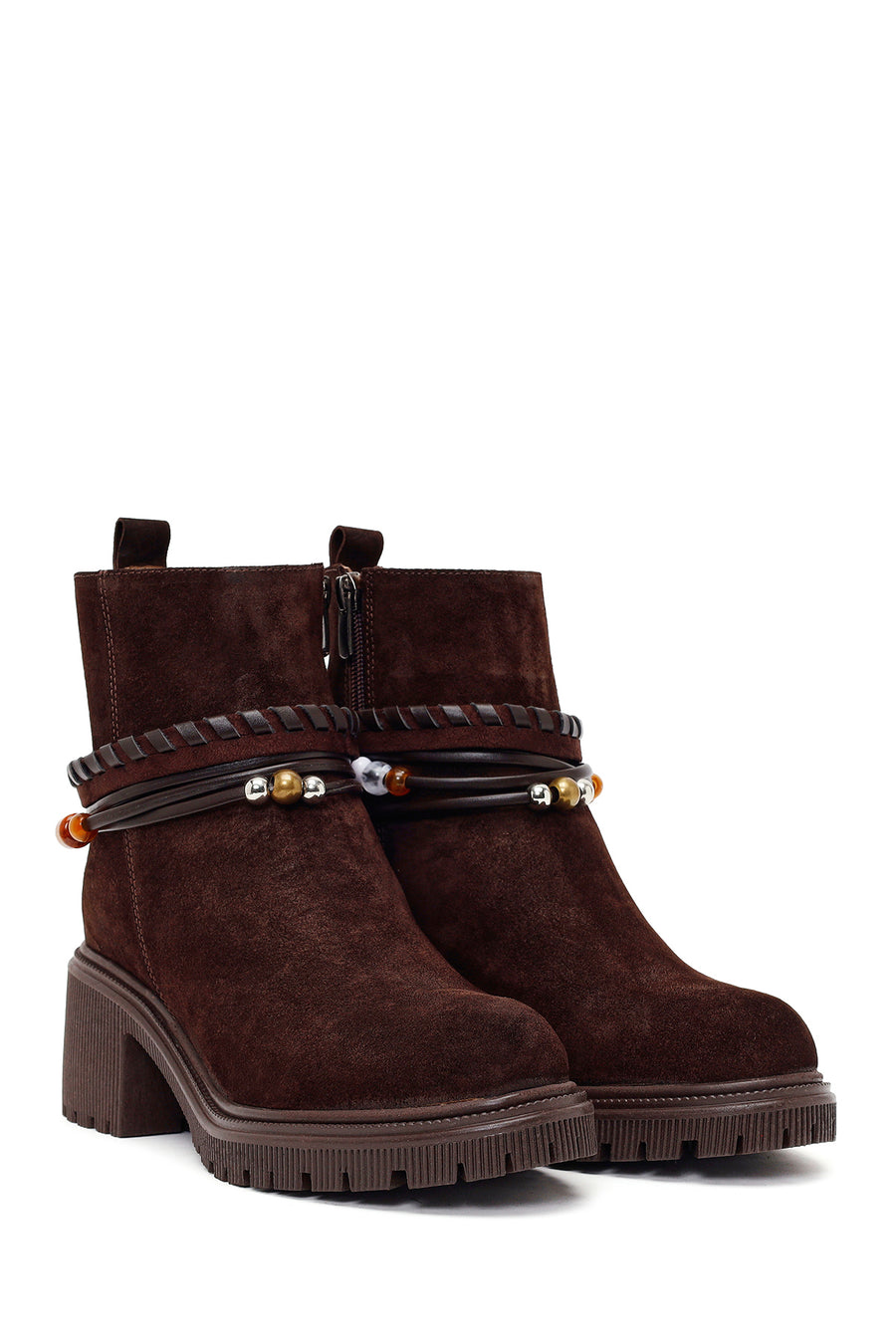 Woman Brown Zip Closure Chunky-Heeled Suede Leather Boots