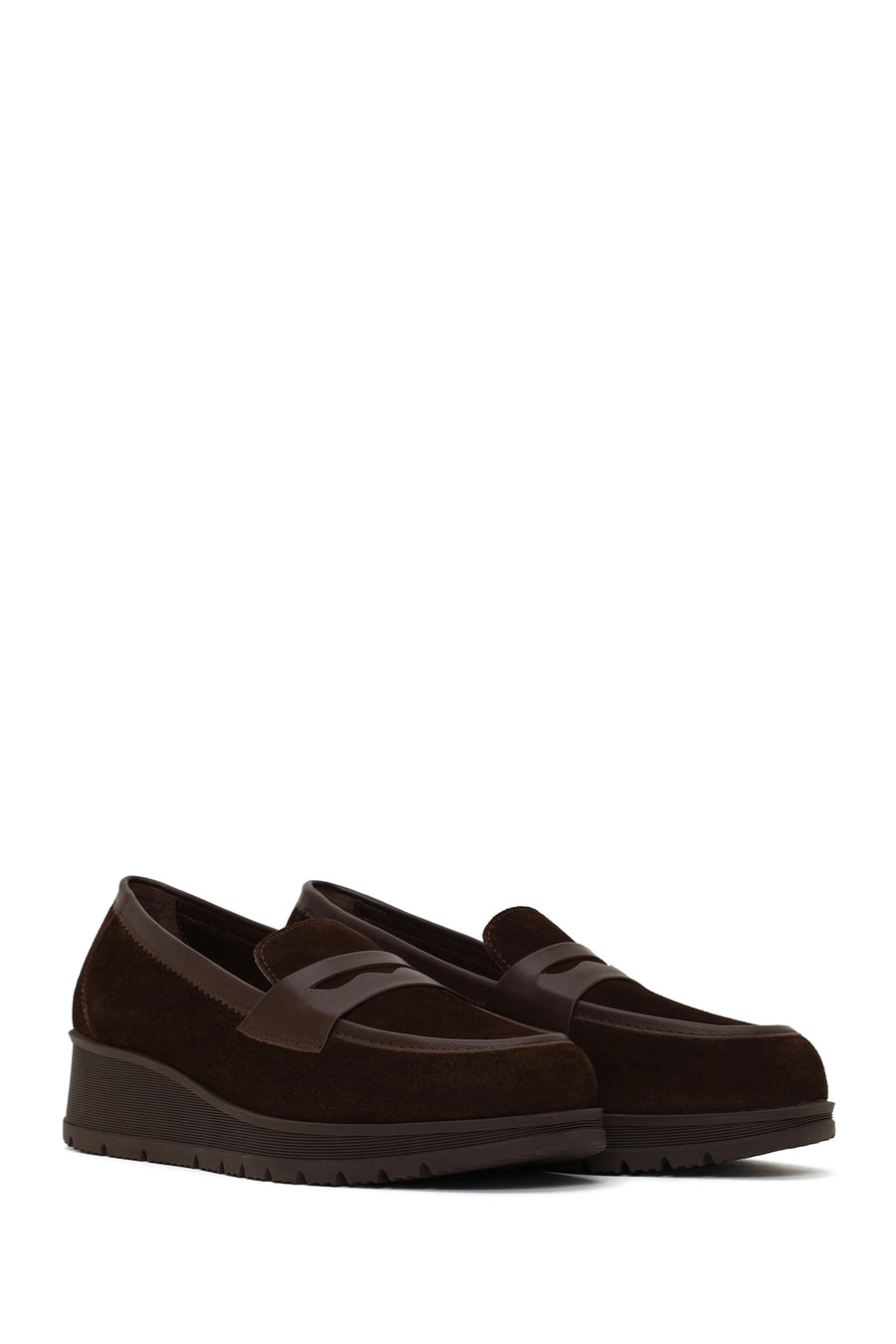 Woman Brown Buckled Wedge Suede Comfort Loafer