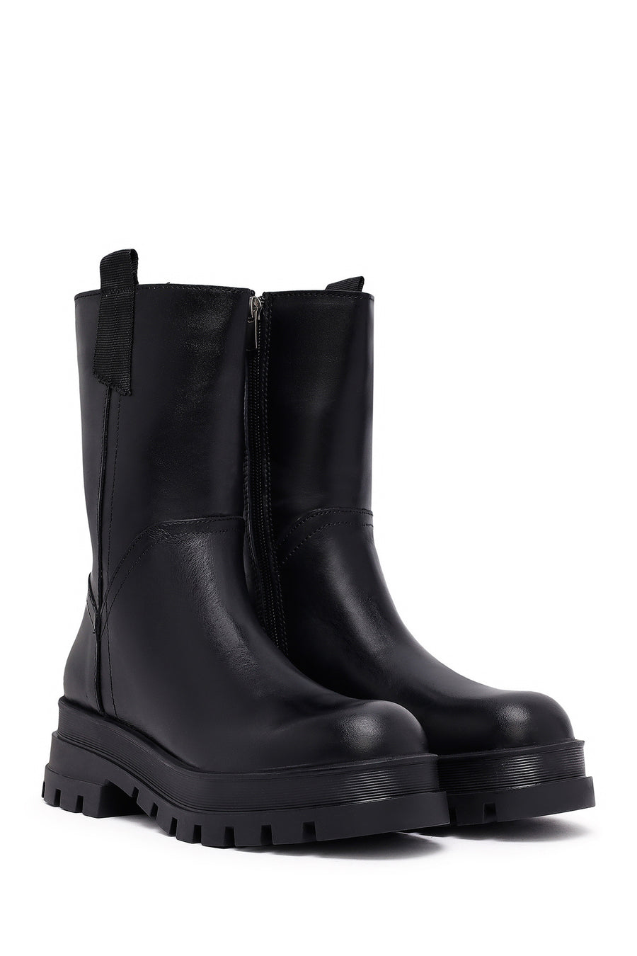 Woman Black Zippered Thick Sole Leather Boat