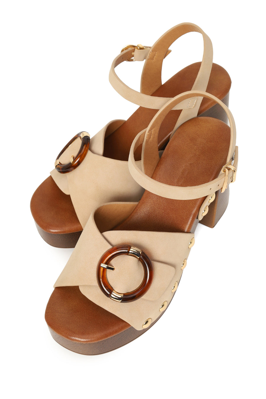 Woman Beige Buckled Ankle Platform Chunky High-Heel Suede Sandals