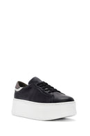 Women's Black Lace-up Thick-Sole Leather Sneaker | Derimod