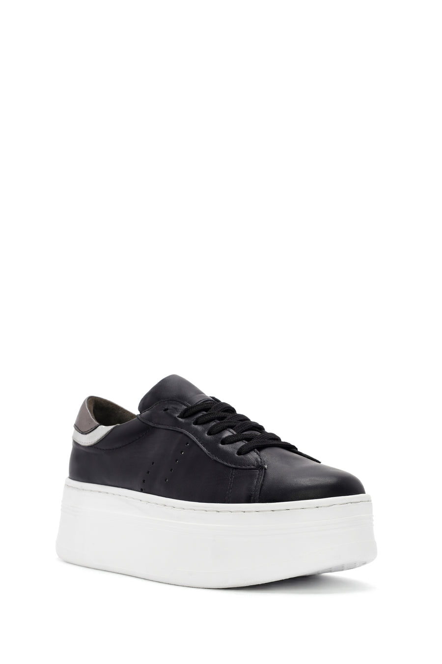 Women's Black Lace-up Thick-Sole Leather Sneaker