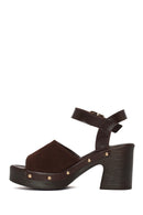 Woman Brown Ankle-Buckle Thick-Heel Suede Leather Sandals | Derimod