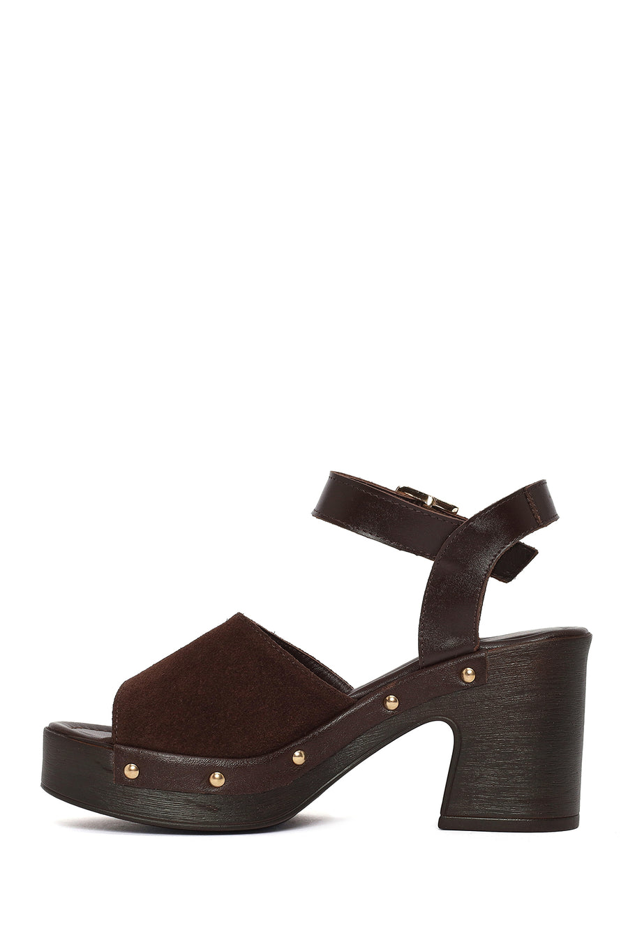 Woman Brown Ankle-Buckle Thick-Heel Suede Leather Sandals