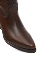 Women's Brown Short Chunky Heel Leather Cowboy Boots | Derimod