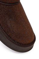 Woman Brown Thick-Soled Embellished Leather Teddy Boots | Derimod