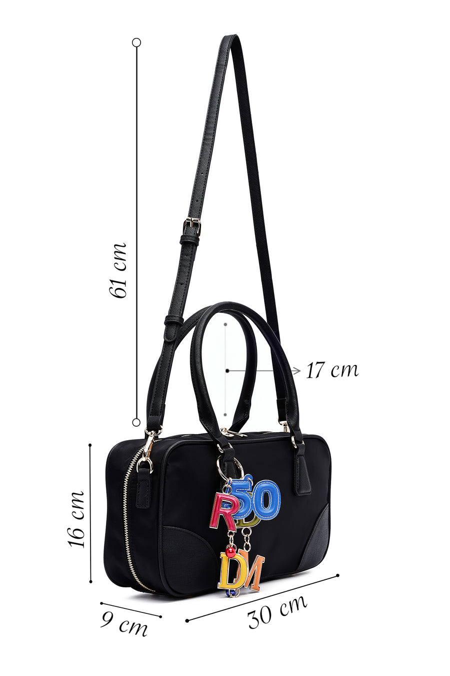 Women's Black Long Strap Accessory Detailed Fabric Handbag