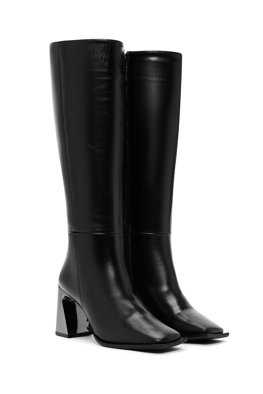 Women's Black Zippered High Heel Leather Boots