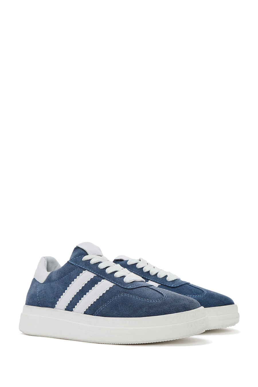Women's Blue Lace-Up Chunky Sole Suede Leather Sneakers