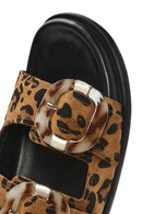 Women's Leopard Double Buckled Suede Leather Slippers | Derimod