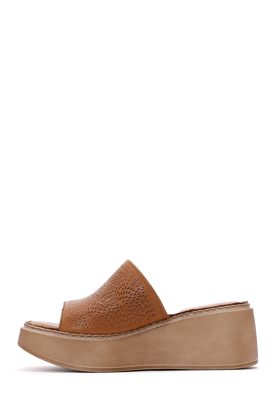 Women's Tan Wedge Heeled Leather Comfort Slippers