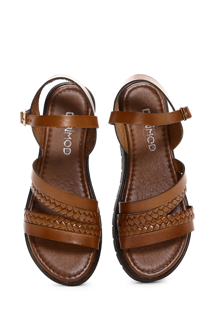 Women's Brown Thick Soled Knitted Detailed Leather Bodrum Sandals