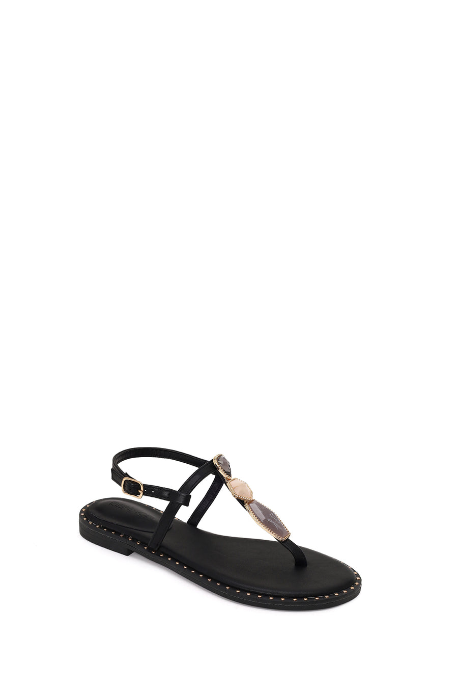 Woman Black Ankle-Buckle Embellished Toe-Post Sandal