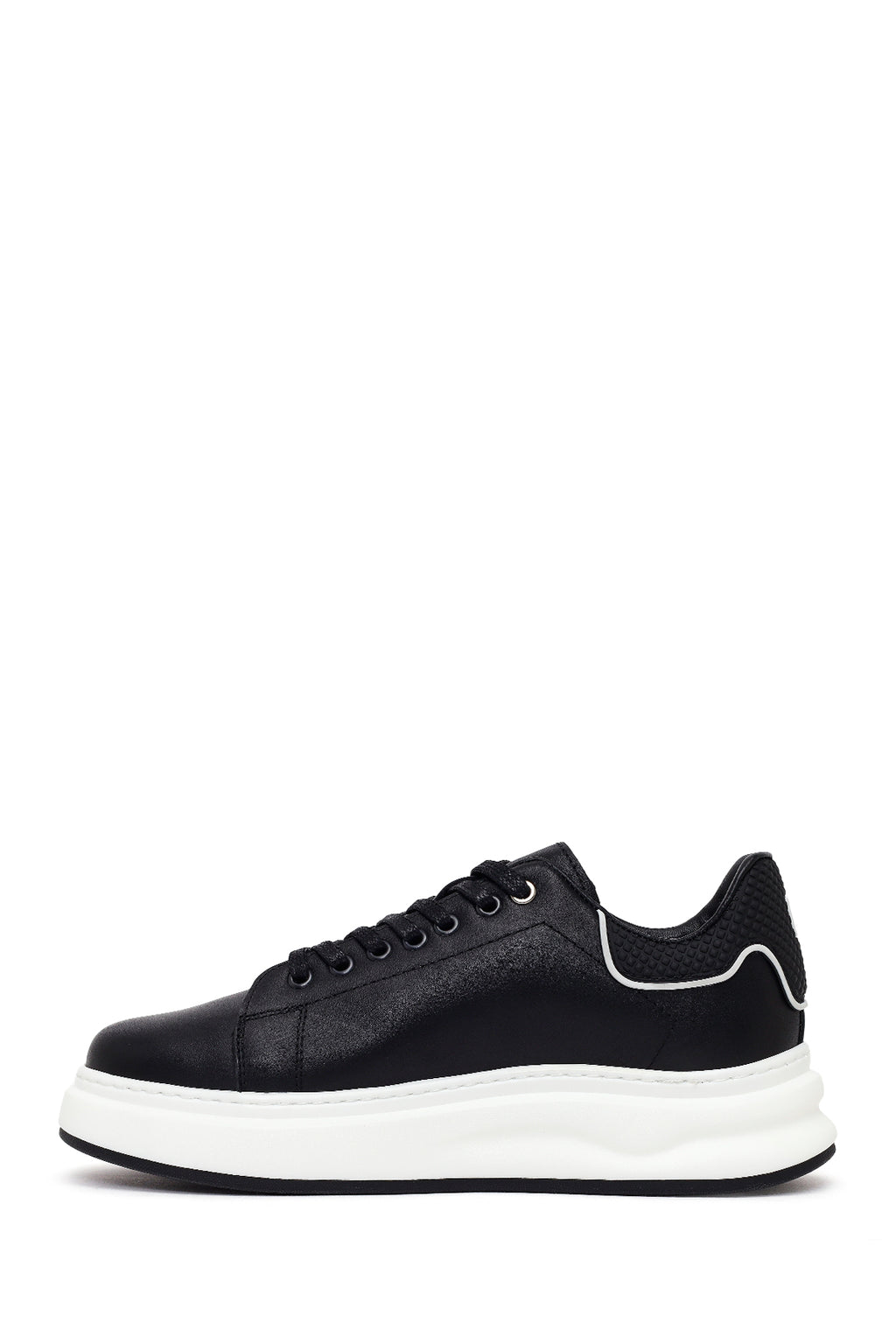Erkek Siyah Bağcıklı Kalın Tabanlı Deri Sneaker