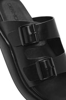 Men's Black Buckled Leather Slippers | Derimod