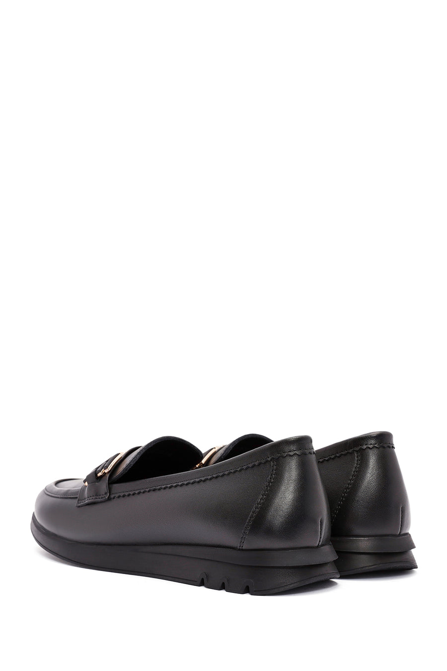 Woman Black Buckle Detail Leather Comfort Loafer