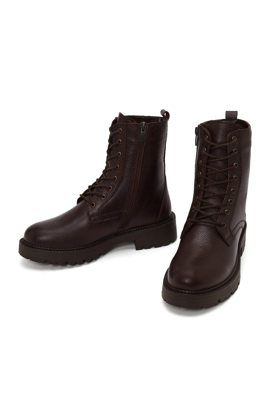 Woman Brown Zip Closure Thick-Soled Leather Combat Boots