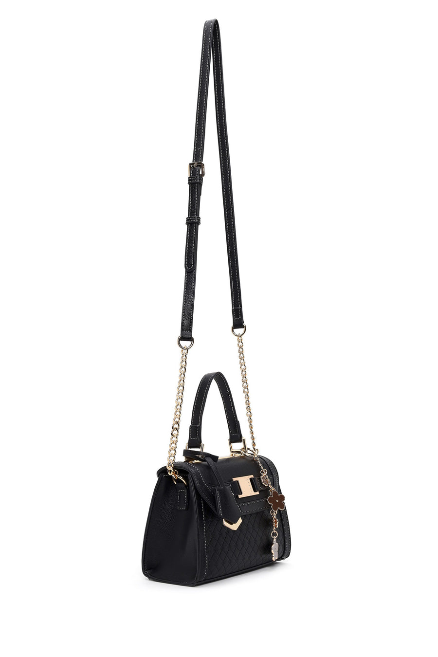 Woman Black Long-Strap Charmed Mini Shoulder Bag