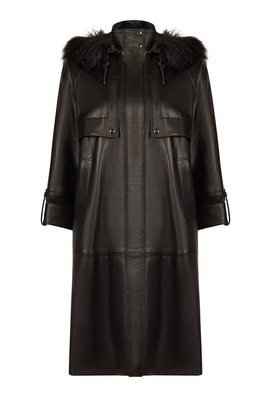 Adele Woman Black A-Line Hooded Fur Collar Leather Overcoat 26WGD5722U4 | Derimod