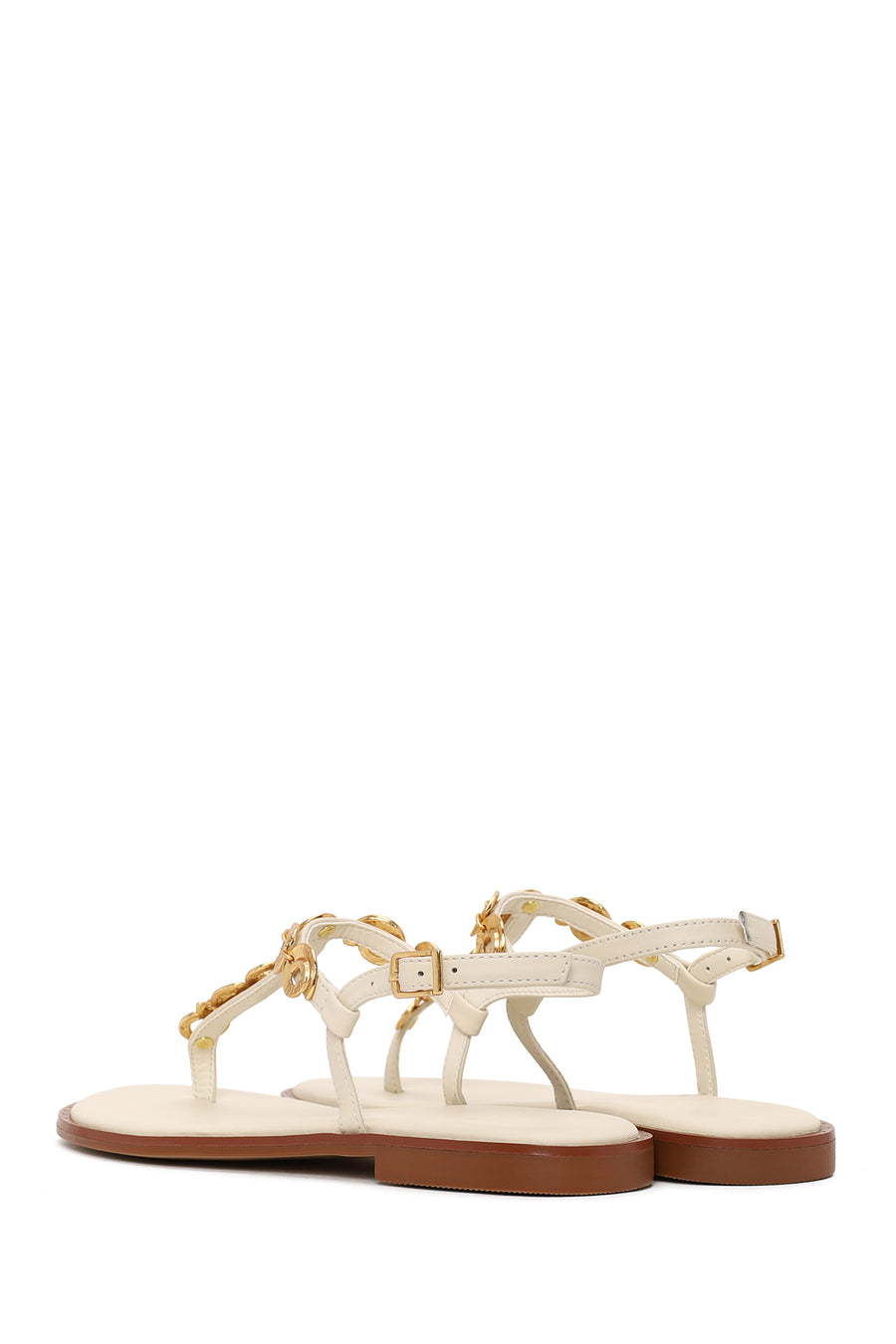 Women's White Ankle Buckle Flip-Flop Leather Sandals