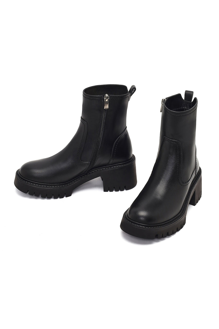 Women's Black Zippered Thick-Soled Leather Boots