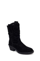 Woman Black Short Chunky-Heel Suede Cowboy Boots | Derimod