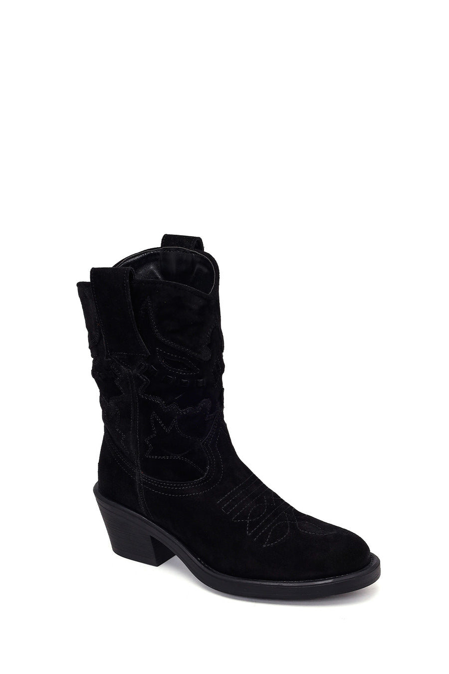 Woman Black Short Chunky-Heel Suede Cowboy Boots