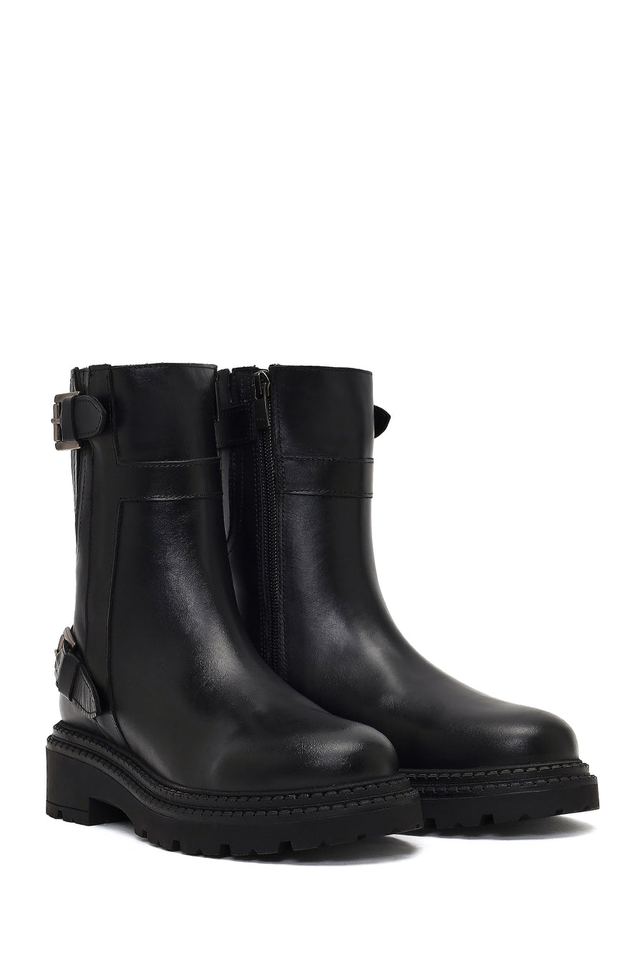 Women's Black Zippered Thick-Soled Leather Boot