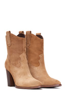 Women's Tan Suede Leather Heeled Cowboy Boots | Derimod