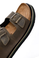 Men's Khaki Buckled Nubuck Leather Slippers | Derimod