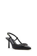 Women's Black Open Back Thin Heeled Leather Shoes | Derimod