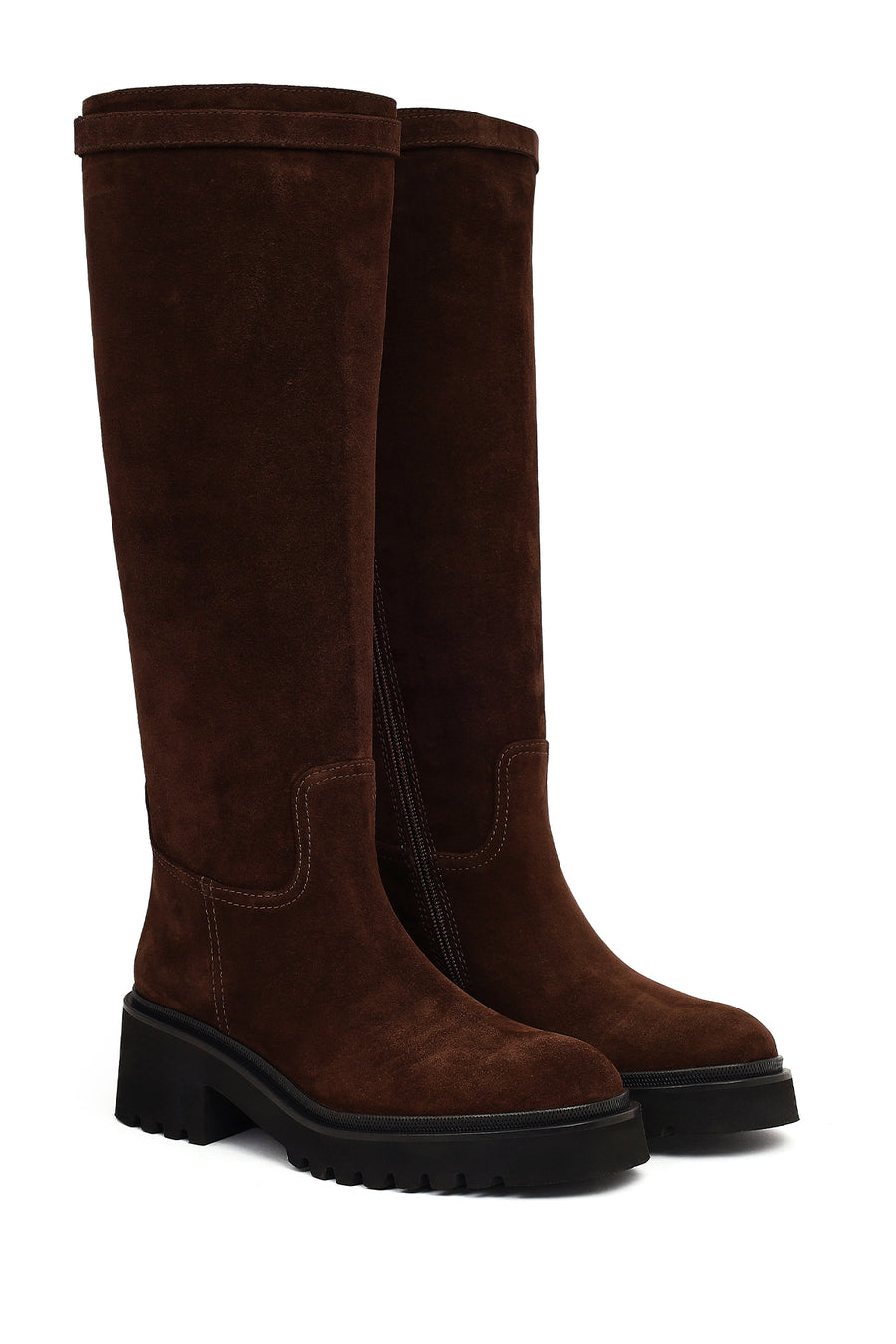Women's Brown Zip-Up Chunky Sole Suede Leather Boots